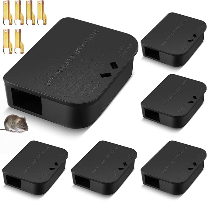 Qualirey 6 Pcs Mouse Bait Stations Mouse Stations with Keys Traps Keeps Children and Pets Indoor and Outdoor Only for Small Mice Bait Not Included (Black)