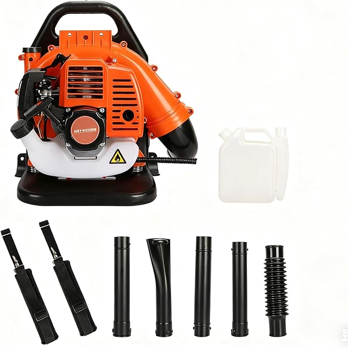 Backpack Leaf Blower 52CC 2-Stroke Gas Powered Backpack Leaf Blower 1.25KW High Power for Blowing Leaf Cleaning Dust with 1.2L Fuel Tank Adjustable Offset Handle Ergonomic Harness System 550CFM