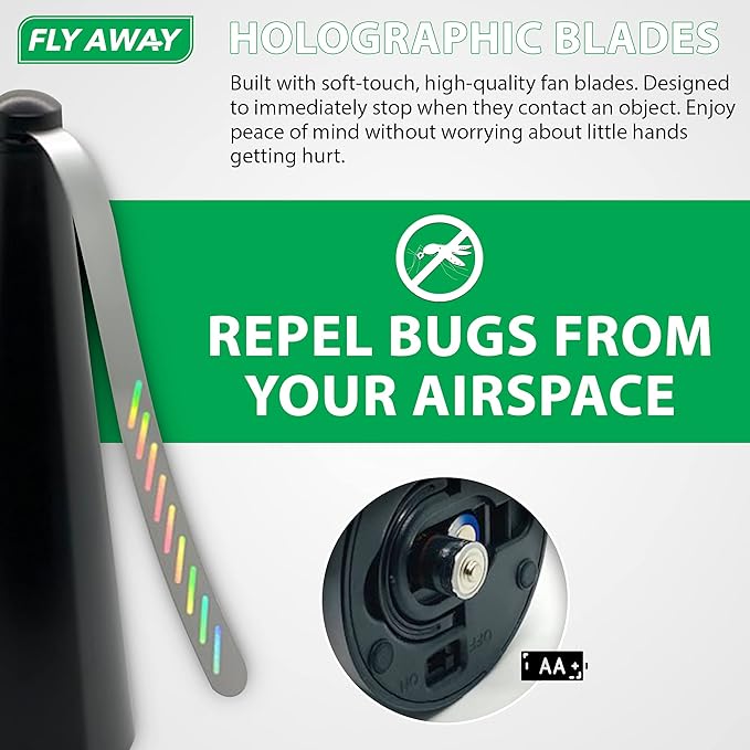 Fly Away - 3 Pack Outdoor Fly Repellent Fan Outside or Inside Table use Restaurant Barbeque Events Deter Flies Wasps Bees Other Moscas and Bugs Away Battery Operated Tabletop Hanging Hook.