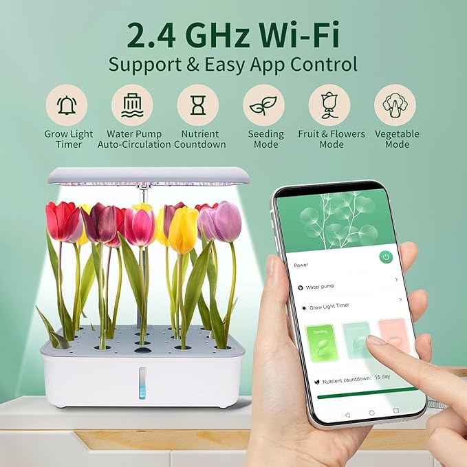 Hydroponics Growing System Kit with LED Grow Light Indoor Gardening System with 14 Pods WiFi Indoor Herb Garden Herb Garden Kit Indoor Adjustable Height Up to 16.5 Auto Pump 5L Water Tank