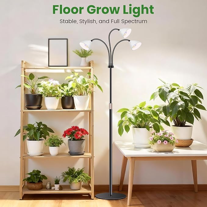 Wolezek Grow Lights for Indoor Plants with Stand 3-Head 78 LEDs Full Spectrum Floor Plant Grow Lamp for Large Plants Auto On/Off Timer 6/12/16H 5 Dimmable Levels Adjustable Height 16.5-61