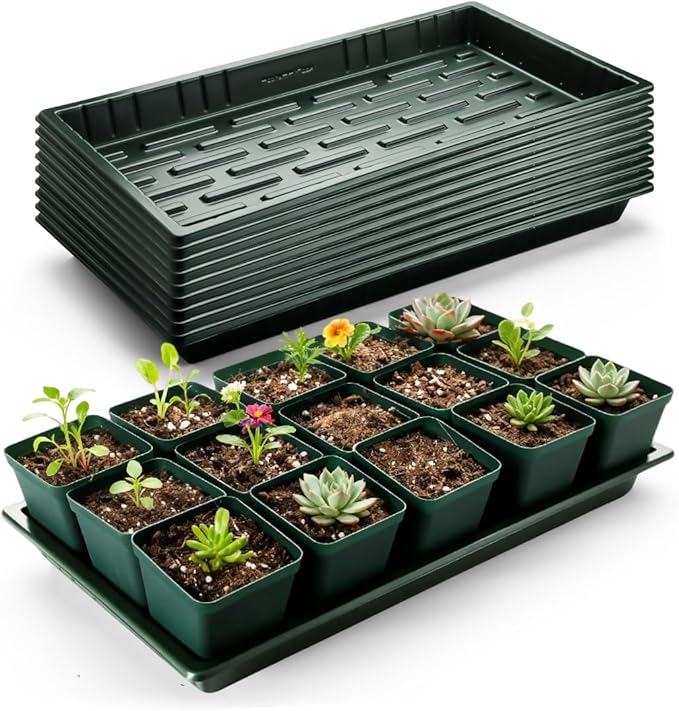 10 Pack Heavy Duty 1020 Trays No Holes - 1.6 Inch Deep Shallow Nursery Flats Reusable Seed Starter Trays for 72/128 Cell Inserts Microgreens Seedling and Hydroponics (Dark Green)