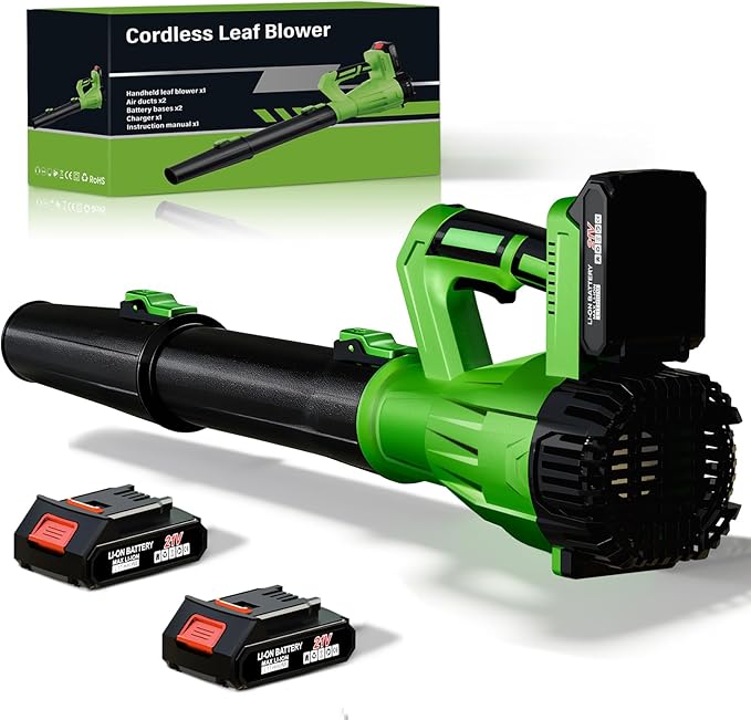 Cordless Leaf Blower 21V 6-Speed High Power Electric Blower with 6.0Ah Battery Lightweight Design 2 Batteries &amp Fast Charger for Lawn Patio Dust and Leaves（Black Green）