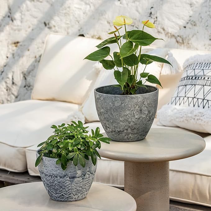 LA JOLIE MUSE Flower Pots Outdoor Garden Planters Indoor Plant Pots with Drainage Holes Plastic Marble Pattern Grey Set 2 (8.6 + 7.5 Inch)