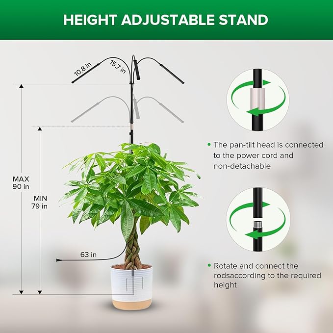SANSI Grow Lights for Indoor Plants 45W Plant Lights for Indoor Growing High PPFD Full Spectrum 4/8/12H Timer 4-Level Dimmable 79-90 Height Adjustable for Large Tall Plants Upgraded Stakes