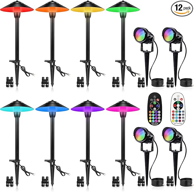 SUNVIE RGBW Landscape Lighting Kit 12V Low Voltage Landscape Lighting with Connectors Color Changing Low Voltage Pathway Lights Wired with Spotlights Waterproof for Holiday Patio Garden Yard12 Pack