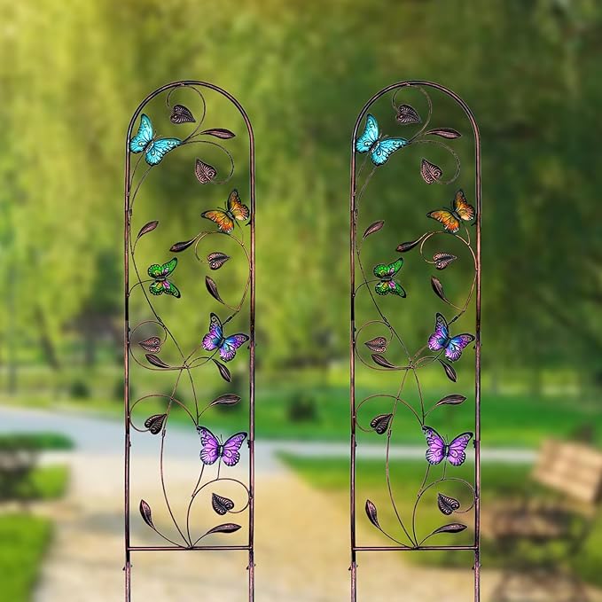 aboxoo Set of 2 Packs Butterfly Metal Garden Trellis for Climbing PlantsOutdoor Decorative Flowers Arch Fence Trellis for Outdoor PatioGardenLawnYardBackyardWall Brackets60'' H x 11'' W