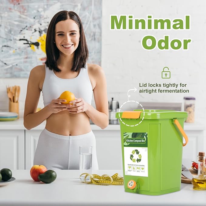 Compost Bin Outdoor 21 L Garden Composting Bin Bags Breathable Screen Window Reusable Garden Yard Waste Bags Speed Up Composting &amp Reduce Odors Indoor Small Kitchen Compost Bin with Lid Green