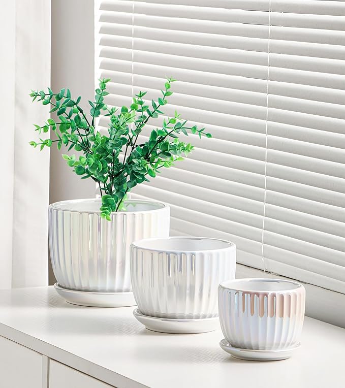 Ton Sin White Plant PotsPearl Gold Ceramic Flower Pots 4+5+6 Inch Indoor Succulent Pot with Drainage Hole - Decorative Orchid Pots and Herb Pots Set of 3