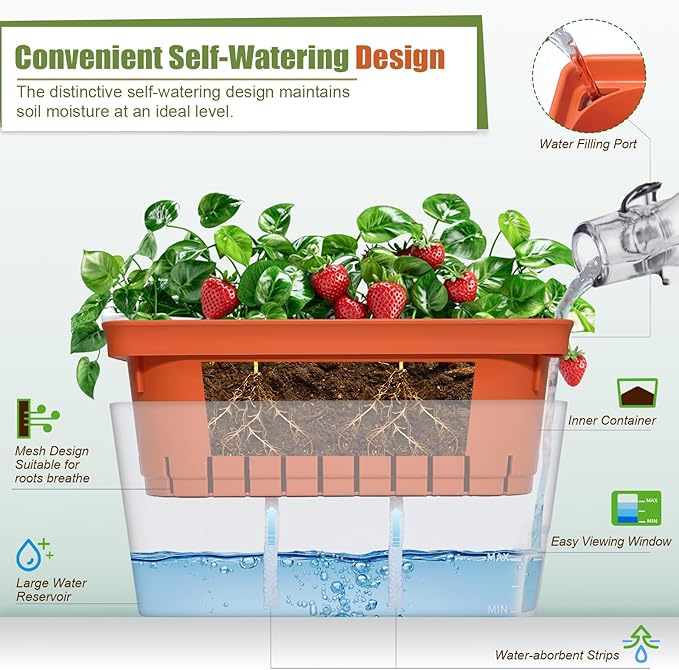 OurWarm Self Watering Pots for Indoor Plants 6 Pack 10.5 Inch Plastic Window Herb Planter Box with Water Level Indicator Modern Decorative Windowsill Planters for Herbs Flowers Seedlings