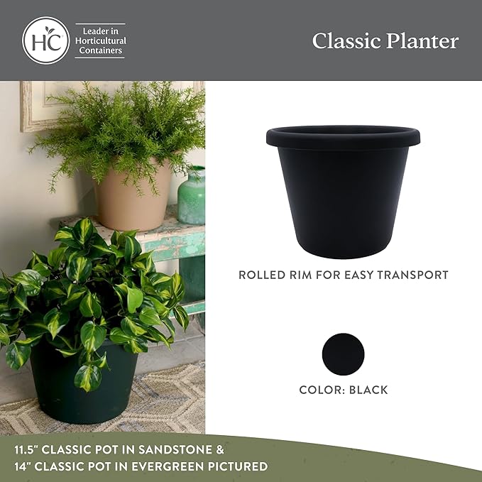 The HC Companies Classic Round Plastic Plant Pot w/Rolled Rim - Lightweight &amp UV Resistant Flower Pot for Herbs &amp More - Outdoor &amp Indoor Plant Pots w/Drainage (14 inch Black Pack of 1)