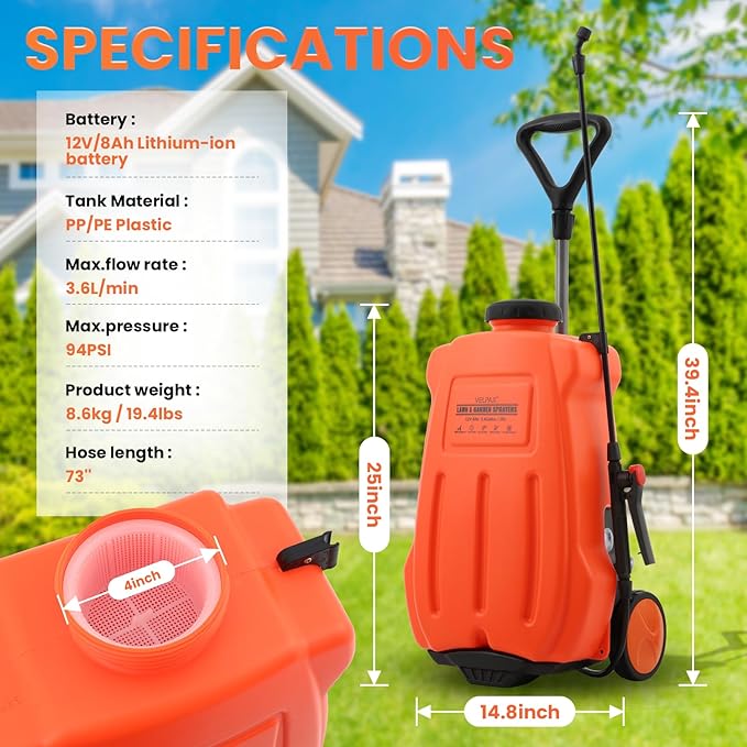 Battery Powered Backpack Sprayer 5.4 GallonAdjustable Wheeled Cart 0-94 PSI6 Hours Long Battery Life12V 8Ah BatteryBackpack Sprayer with 4 Nozzles for Weeding Spraying Cleaning