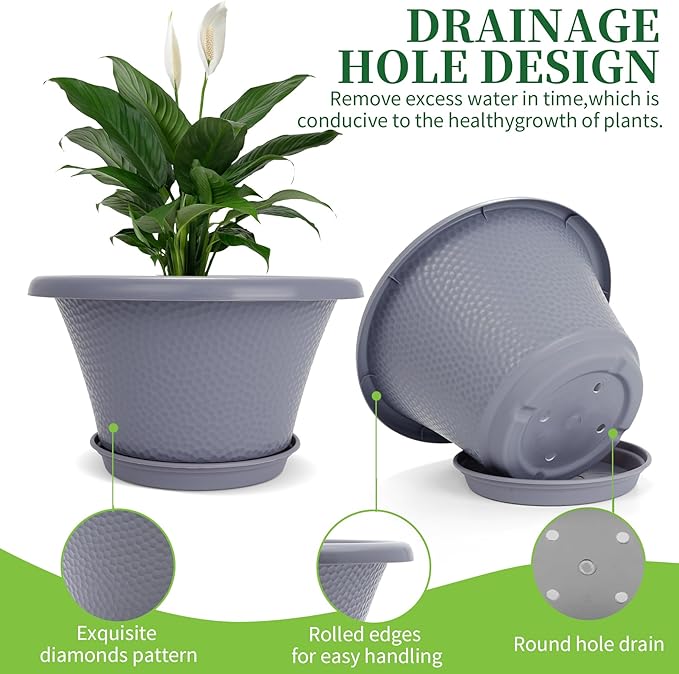 Quarut 12 Inch Large Planter Pot for Plants Indoor Outdoor 4 Pack Plastic Flower Pots with Drainage Hole &amp Tray Modern Decorative Garden Pot with Saucer Plant Container for House Grey