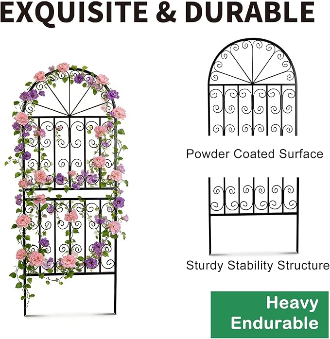 SCENDOR 59 H x 22 W Arched Metal Garden Trellis with Scrollwork Rustproof Iron Plant Support for Climbing Roses Clematis &amp Vines Decorative Garden Screen for Lawn &amp Backyard 1 Pack