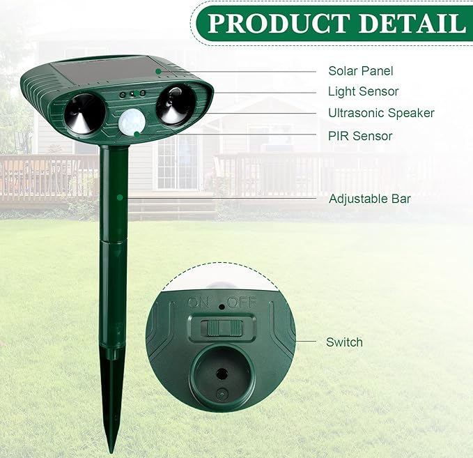 Ultrasonic Animal Repeller Outdoor Solar Ultrasonic Repellent Animal Deterrent with Motion Sensor Waterproof Deterrent Scarer Repel Cat Dog Squirrel Raccoon Skunk Rats (Green4 Pack)