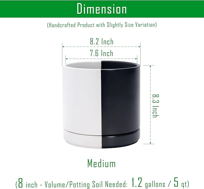 D'vine Dev 8.2 Inch Ceramic Planter Pot with Drainage Hole and Saucer Indoor Cylinder Round Planter Pot Split Monochrome Black &amp White 94-O-D-0
