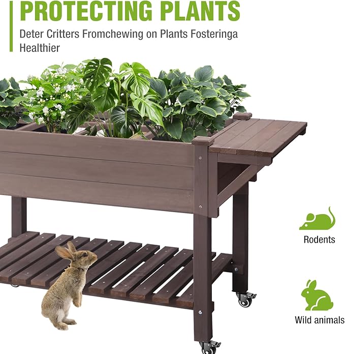 GUTINNEEN Elevated Wooden Planter Box with Locking Casters - 52.7 L x 22 W x 30 H Raised Garden Bed Removable Liner &amp 230lb Weight Capacity for Outdoor Plants