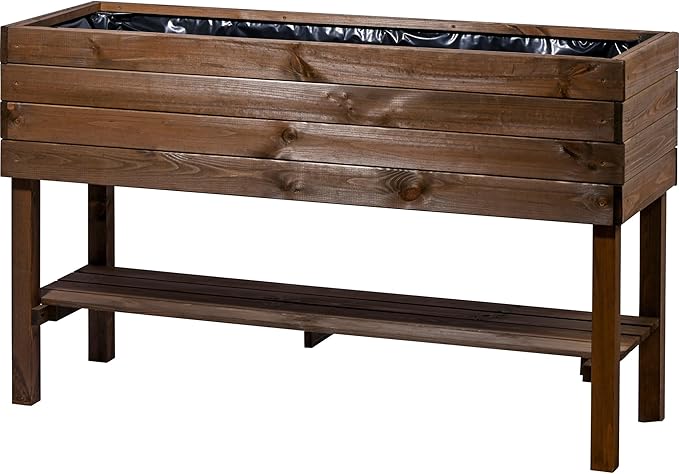 dobar® Large Raised Bed Solid Wood with Shelf Including Plant Film - Raised Planter 100 L - 117 x 40 x 80 cm - Dark Brown