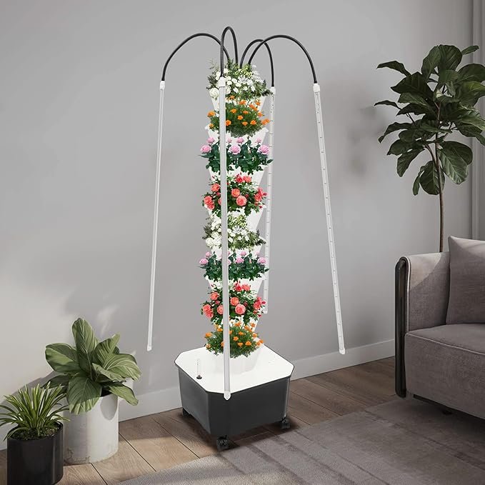 40 Pots Hydroponic Tower Growing System with Lights 8 Layers Movable Vertical Hydroponics Tower Garden Growing System Space Saving Indoor Plants Smart Garden for Gardening Lover