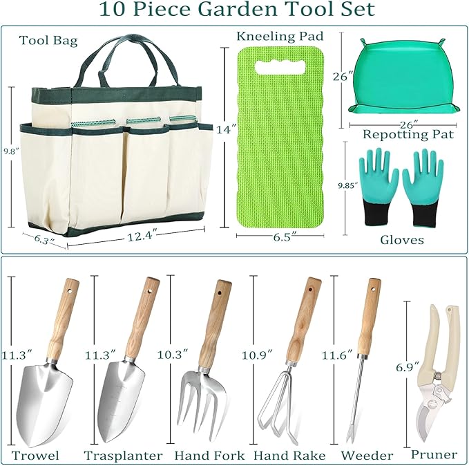 10-Piece Heavy-Duty Gardening Tools Set with Tote Bag - Rust-Proof Aluminum Gardening Hand Tools with Non-Slip Ergonomic Wood Handle - Gardening Supplies Set Ideal Gift for Men &amp Women