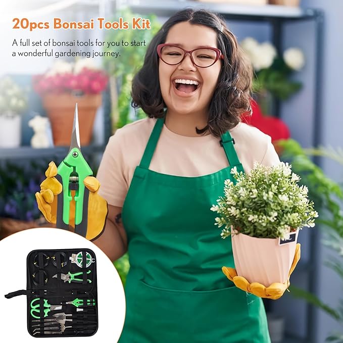 Bonsai Tools Kit 20 Pcs Garden Tools Set for Starters Gardening Gifts for Women Men Includes Bonsai Wire Kit Plant Mat Pruning Shears Bonsai Scissors Succulent Tools in Leather Storage Bag