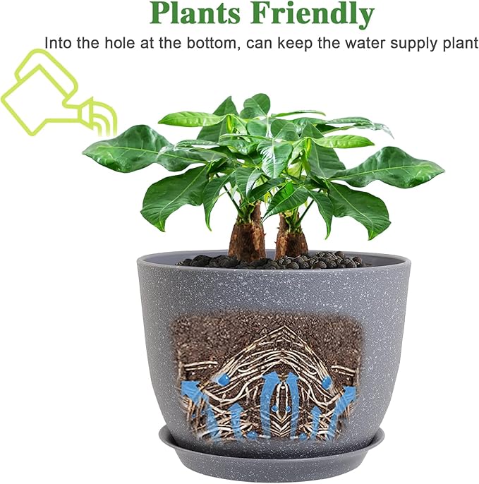 12/10/9 Large Modern Plant Pots Plastic Planters with Drainage Holes and Saucers for Indoor Outdoor Plants Flowers Grey Speckles