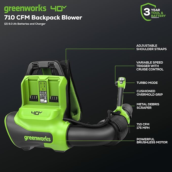 Greenworks 40V (175 MPH / 710 CFM) Dual Port Cordless Brushless Backpack Leaf Blower (2) 8.0Ah Battery and Charger Included