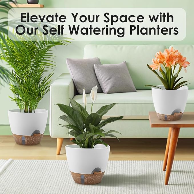 Self-Watering Plant Pots with Water Level Indicator Drainage Holes &amp Saucers – 12/10/9 Inch Large Plastic Planter Set for Indoor &amp Outdoor Plants (White)