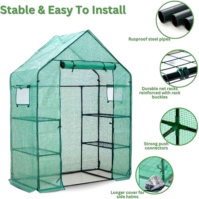 Greenhouse for Outdoors Walk in Greenhouses Heavy Duty with Durable PE Cover 2 Mesh Windows 3 Tiers 4 Shelves with Roll-up Zipper Door Indoor Portable Gardening Plant House 56'' x 29'' x 77'' Green