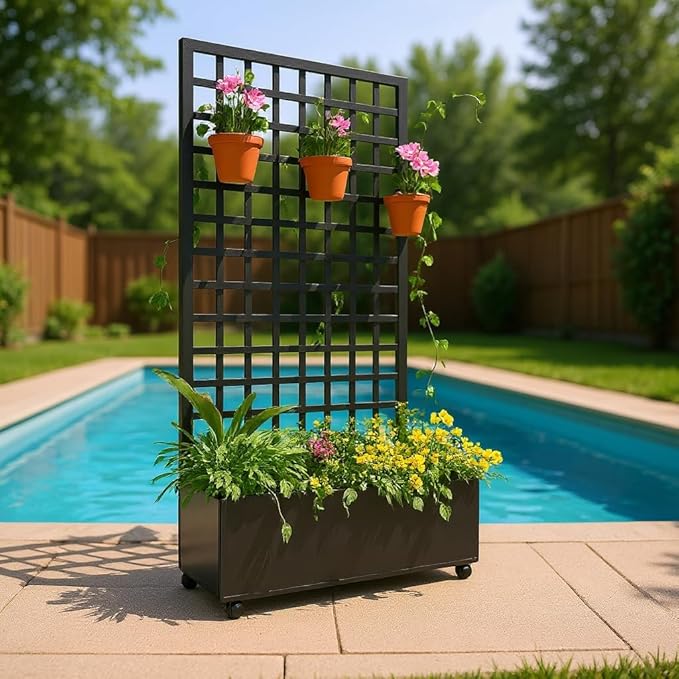 GarveeHome Metal Raised Garden Bed with Trellis and Wheels Planter Box for Climbing Plants Vegetables with Square Lattice Trellis Drainage Holes &amp Privacy Screen for Garden &amp Backyard
