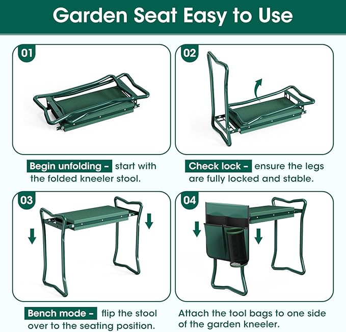 2-in-1 Garden Kneeler with Umbrella Garden Kneeling Bench &amp Green Umbrella Portable Garden Stool Loads Capacity 330lb and Garden Tools Bag with bottle holder Gardening Gifts for WomenMenSenio