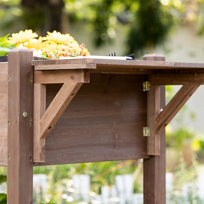 Outsunny Raised Garden Bed with 8 Grow Grids Wooden Outdoor Plant Box Stand with Folding Side Table and Wheels 49 x 21 x 34 for Vegetables Flowers Herbs Brown