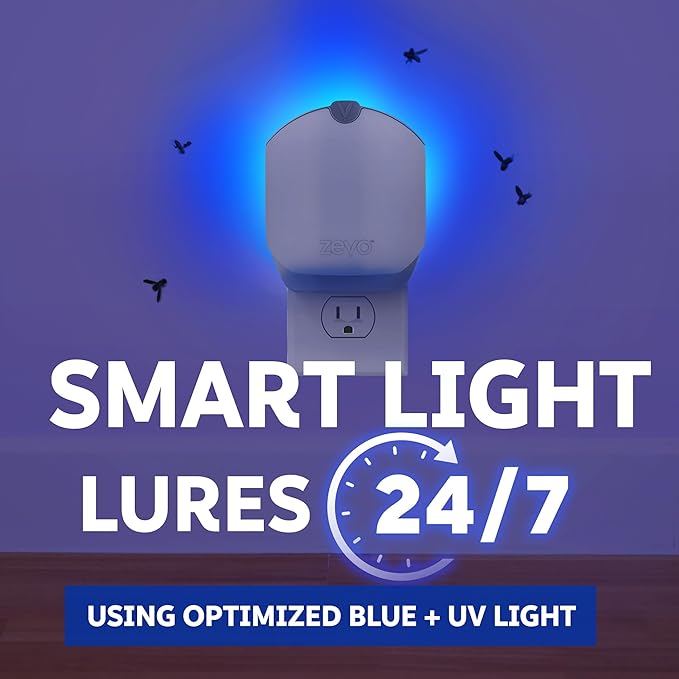 Zevo Compact Flying Insect Trap Kit with Refill Cartridges - Plug-in Indoor Bug Catcher for Gnats House &amp Fruit Flies - Blue + UV Light Technology No Odor No Mess (1 Plug-in Device + 3 Cartridg