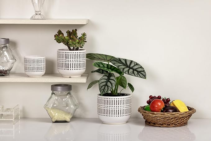 Docrin 3-Pack Ceramic Planters Set - 6.5+5.3+4 Dual-Tone Flower Pots with Drainage Holes Modern Indoor Outdoor Planters for Succulents/Herbs/Large Plants Home Office (Brownish Black &amp White)