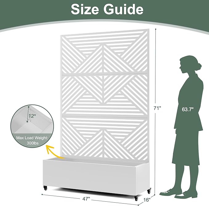 Standing Metal Planter Box with Trellis and Wheels for Climbing Plants Raised Garden Beds with Drainage Holes 47 L×16 W×71 H Privacy Boxes with Trellis (White Zodiac)