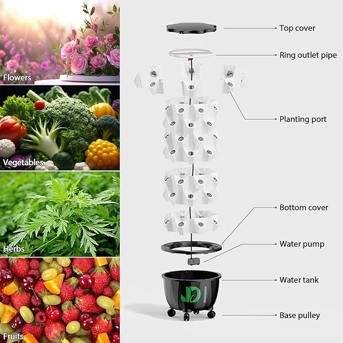 Aeroponic Tower Garden System Vertical Hydroponic Garden Tower Automatic Water Circulation Hydroponics Growing System Kit for Herbs Fruits and Vegetable(150cm/59in)