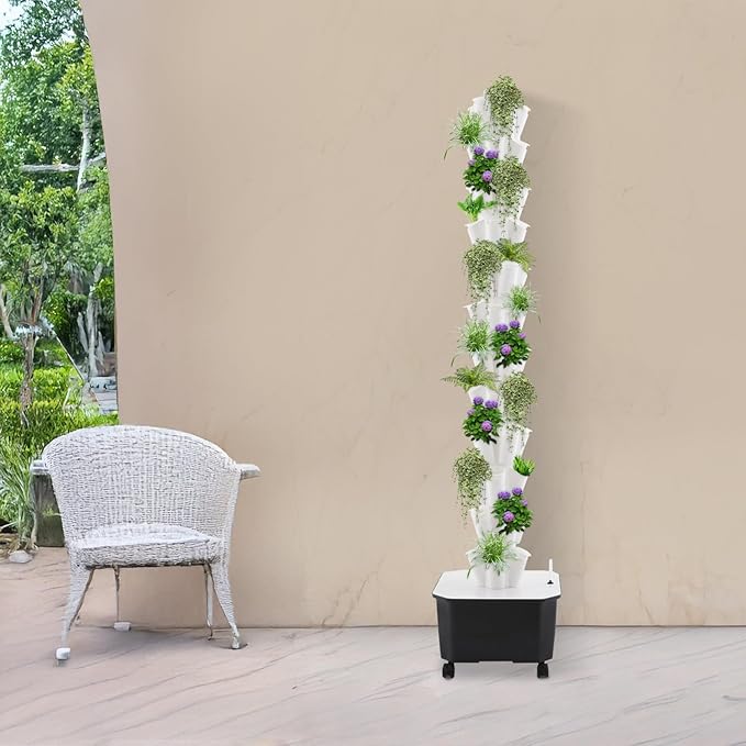 12-Tier Hydroponic Growing Tower 60-Plant Indoor Gardening System w/Automatic Water Circulation Vertical Aeroponic Tower Garden for Herbs Vegetables Fruits (White 60-Plants)