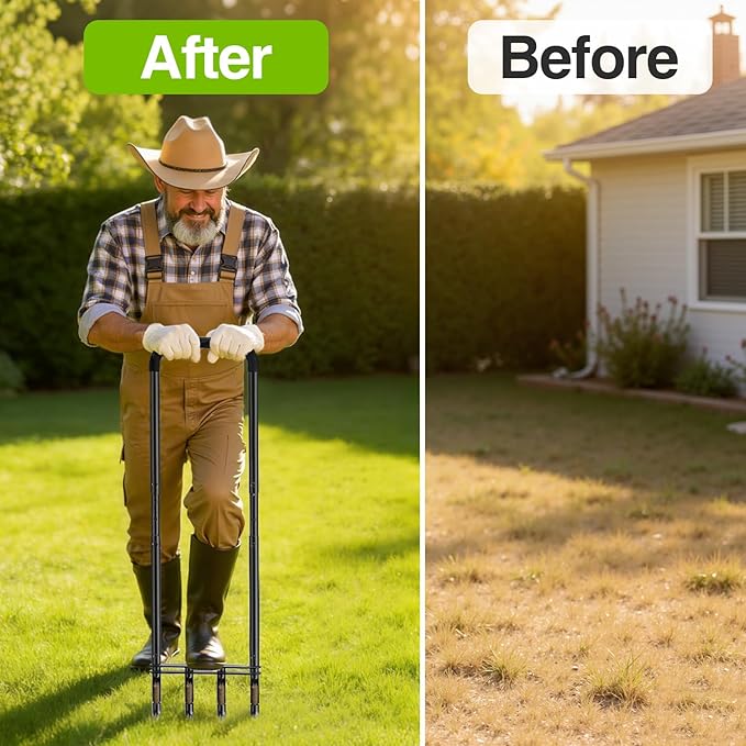 Knee-Friendly Manual Lawn Aerator Tool –Adjustable SUS304 Stainless Steel Core Aerator for Grass Yard Aeration Tool with 4 Hollow Tines for Lawn Care and Compacted Soil43.3-48.5Black