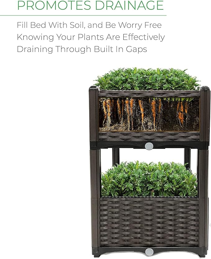 Raised Garden Planter Resin Elevated Flower Bed Box Kit for Vegetable Flower Herb Gardening | 16 X 18 Wicker Pattern Brown