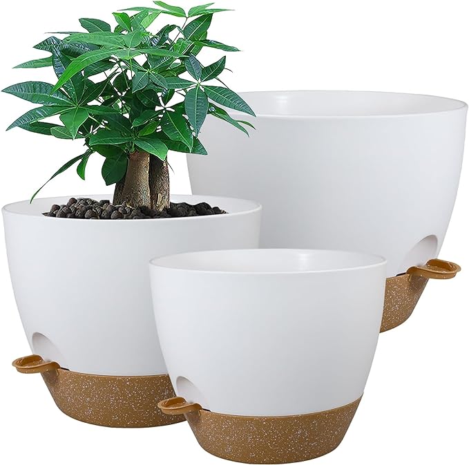 Large Self Watering Pots 12/10/9 Plastic Planters with High Drainage Holes and Deep Reservoir for Indoor Outdoor Garden Plants and Flowers White with Brown