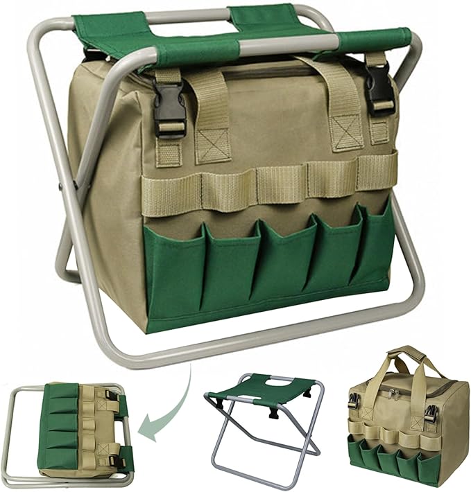 Garden Stool Folding Garden Seat with Detachable Storage Bag Multi-Pocket Gardening Bench Portable Zipper Gardener Tool Seat for Adults Garden Seat
