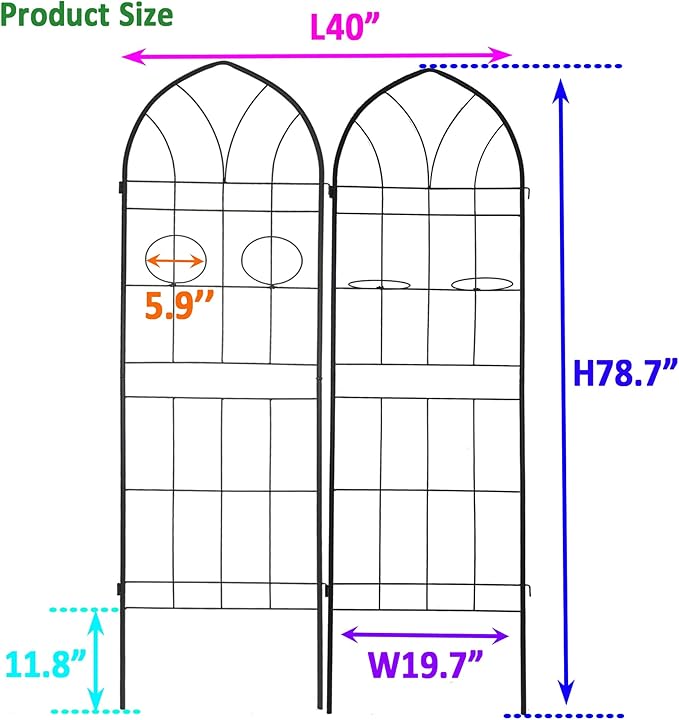 2 Pack Metal Garden Trellis 78.7 x 19.7 Inches Rustproof Black Plant Support for Climbing Vines Roses Beans Peas Cucumbers