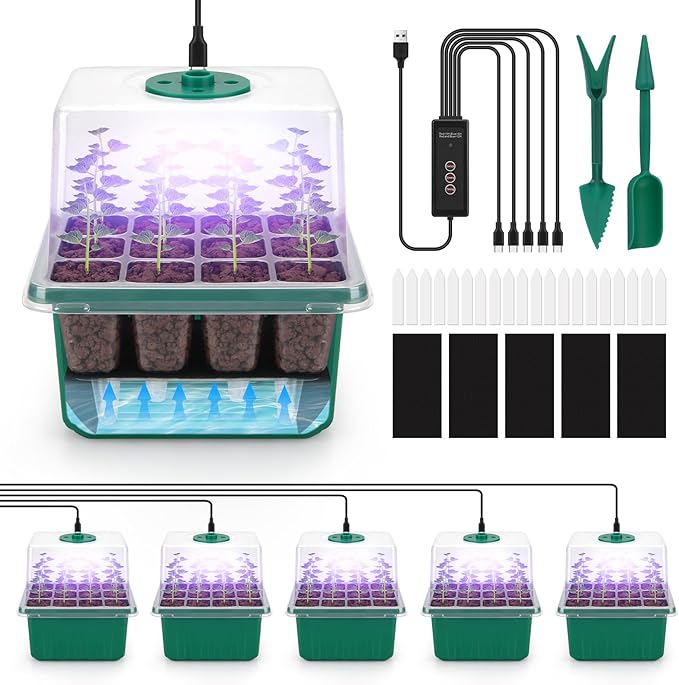 BlumWay Self-Watering Seed Starter Tray Kit with Grow Light and Humidity Dome3 Color Growing Light5-Pack 60-Cell Plant Seedling TrayReusable Plastic Germination TraysTimed Light Plant Starter Set