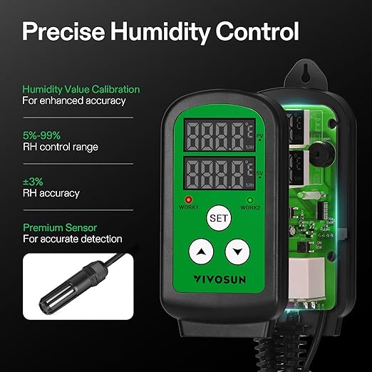 VIVOSUN Humidity Controller 1200W Dual-Stage Outlet Pre-Wired Digital Humidistat with Dual LED Displays for Humidifier/Dehumidifier/Fan Ideal for Greenhouse Grow Tent Home-Brewing Mushroom