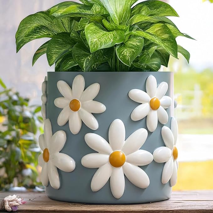GUGUGO 8 Inch Daisy Planters Decorative Large Plant Pots with Drainage Holes Funny Unique Flower Pot for Indoor Plants Colorful Gardening Pot for Boho Modern Home Décor Blue