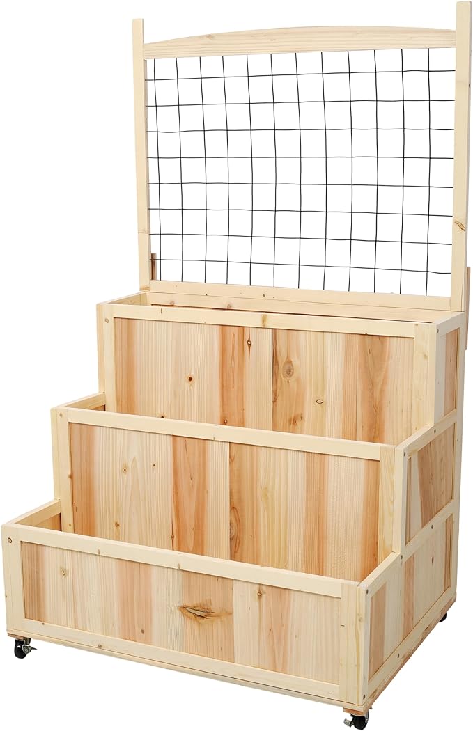 3-Tier Raised Garden Bed with Trellis &amp Wheels – 53 H Vertical Wooden Planter Box for Flowers Vegetables Herbs -Includes Storage Back Panel