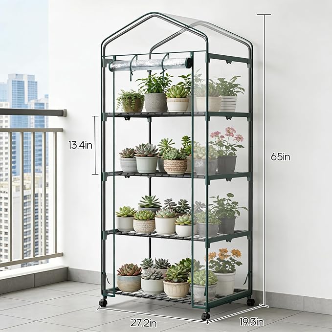 OLIXIS Greenhouse 27×19×63 4 Tier Green House with PVC Cover Roll-Up Zipper Door Wheels Portable Greenhouses for Indoor Outdoor Balcony Porch Garden Patio Backyard Green Houses (Clear)