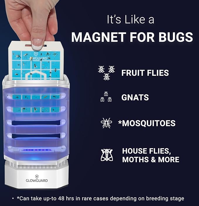 GlowGuard Cordless Flying Insect Trap Catches Fruit Flies Indoor Gnat Killer Magnet for Moths &amp Mosquitos in Dark 1 Rechargeable Bug Trap + 4 Dual-Sided Sticky Pad Refills 30hr Battery (White)