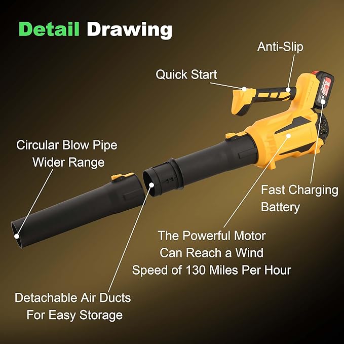Leaf Blower Cordless 21V Powerful Electric Leaf Blower with Batteries and Charger 5 Speed Modes Lightweight LeafBlowers for Lawn CareBlowing LeavesDust Snow (Yellow)