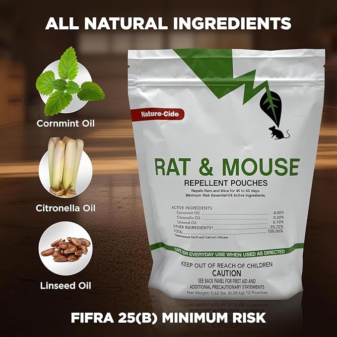 Nature-Cide Rat &amp Mouse Repellent | Long-Lasting Plant-Based Pouches | Great Alternative to Moth Balls | 45–60 Day Protection | Mint Scent | Covers 300 Sq. Ft. Total (Pack of 12)
